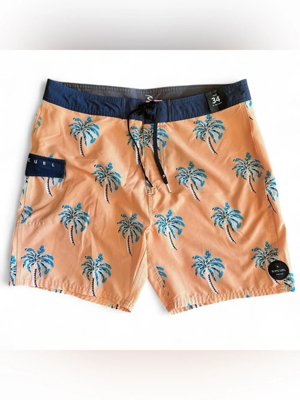 NWT Men’s RipCurl Hawaiian Palm Tree Peach & Navy Swim Board Shorts